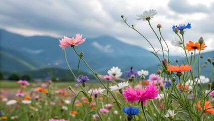 Colorful wildflowers sway gently in a breezy mountain meadow, radiating natural charm beneath a moody sky