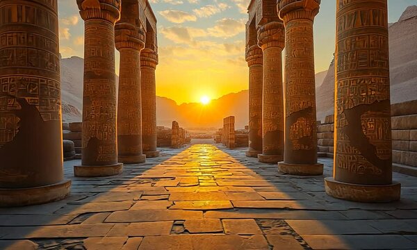 Majestic ancient temple at sunset with intricate columns and serene desert landscape