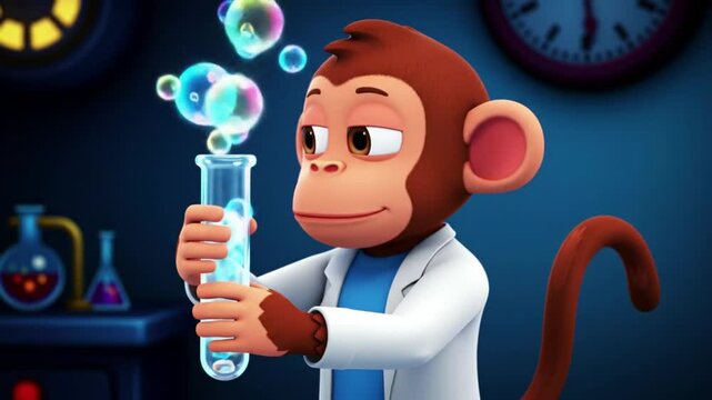 Animated Monkey Scientist with Bubbles and Test Tube in Laboratory Setting