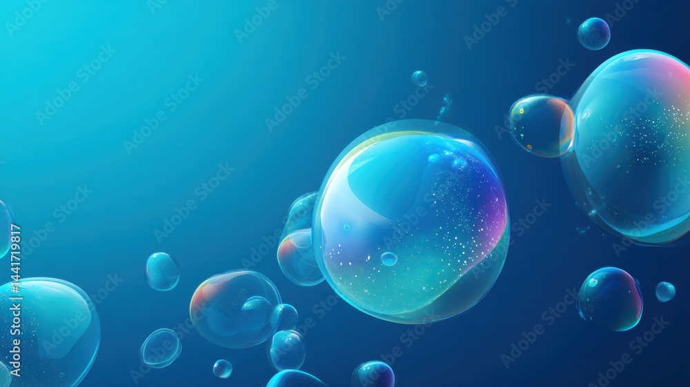 Poster pm2.5 particles. translucent bubbles floating in a serene blue background, creating a tranquil atmos