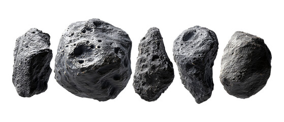 A collection of six dark, porous meteorite fragments are displayed in a horizontal line isolated on a transparent background.