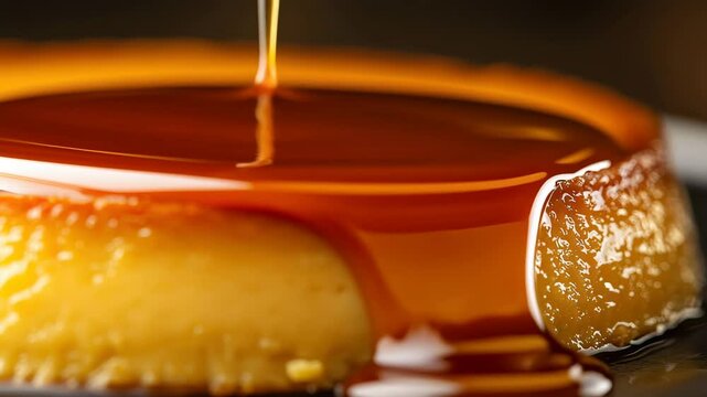 Creamy caramel flan dessert with smooth, glossy texture and inviting caramel sauce being poured, closeup of sweet, creamy, and indulgent treat for dessert lovers, perfect glossy and smooth