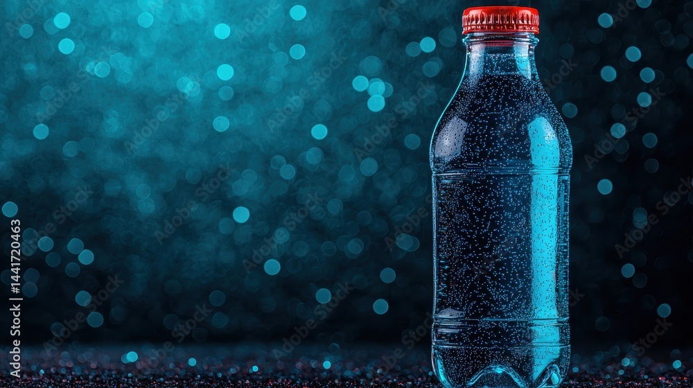 Poster clear water bottle with red cap against a sparkling blue background and soft bokeh effect