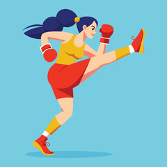 Woman boxing. Female fighter in boxing gloves practices kick, punching and hitting. Strong girl athlete at sports training or workout. Flat vector illustration isolated on background
