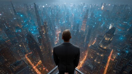 Businessman overlooking a futuristic city skyline at night.  Possible use  Motivational, inspirational, or futuristic stock photo