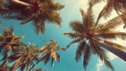 Tall palm trees with lush green fronds stretch towards a sunny, blue sky, evoking a tropical, summer vibe.