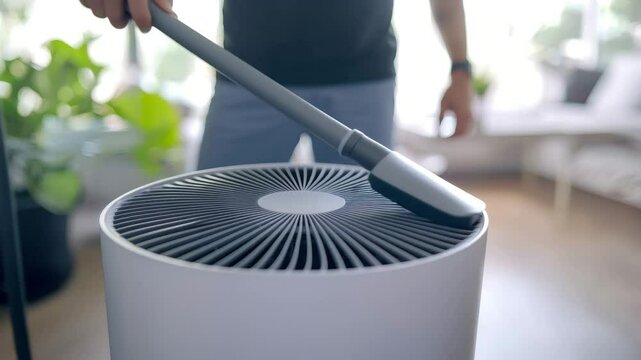 Man cleaning air purifier filter with vacuum cleaner home, modern appliance for healthy lifestyle, maintaining clean environment and fresh indoor air, bright room with green plants, person using