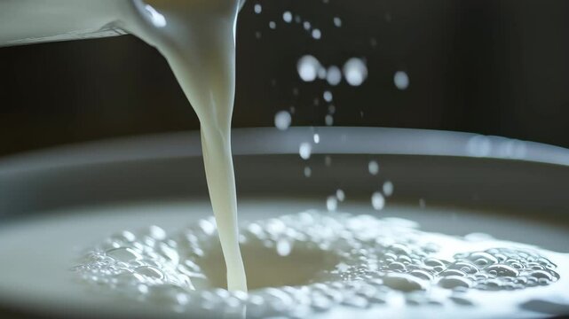 Fresh milk being poured into bowl, creating bubbles and splashes, with creamy texture and soft lighting, close up with natural lighting, evoking sense of freshness and purity, showcasing creamy