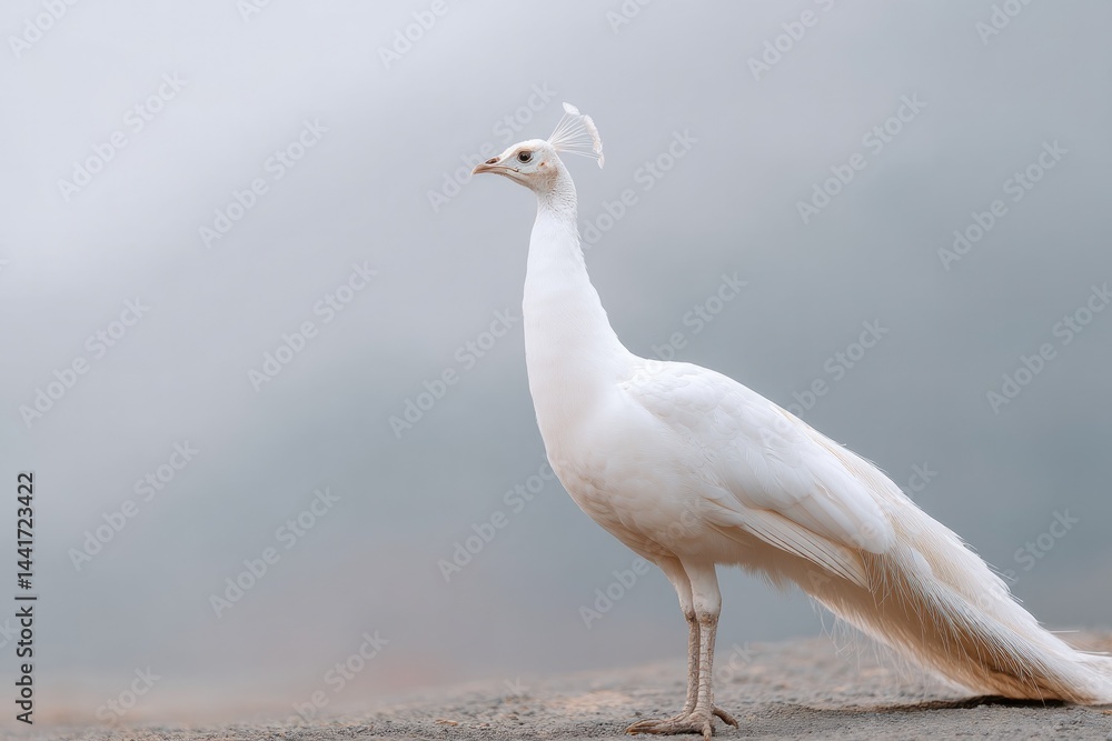 Poster capture elegance of rare albino in tranquil setting emphasizing its unique snowy plumage against pla