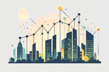 Abstract City Skyline with Financial Growth Chart and Rising Data Points Illustration
