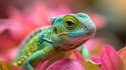 Obraz premium Mesmerizing closeup of a colorful chameleon resting among vibrant pink flowers