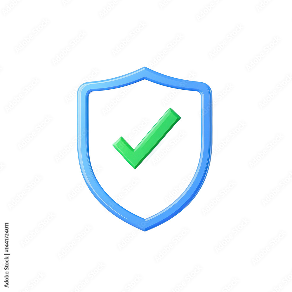 Aufkleber a blue shield with a green check mark inside on a black background in a rendered style image