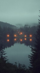 Fototapeta premium Misty lake with glowing lights