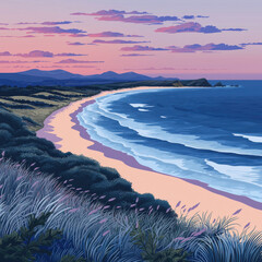 Naklejka premium serene coastal landscape with waves, sandy beach, and colorful sunset