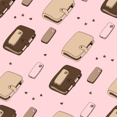 Seamless pattern with hand drawn doodle mobile smartphone, organizer, planner, office notebook in a leather case with a clasp and pen