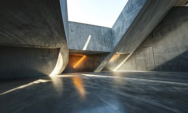 Modern architectural interior showcasing angular concrete structures with dramatic lighting