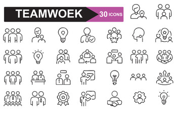 Teamwork Concept Line Icons for Collaboration, Meeting and Success Vector