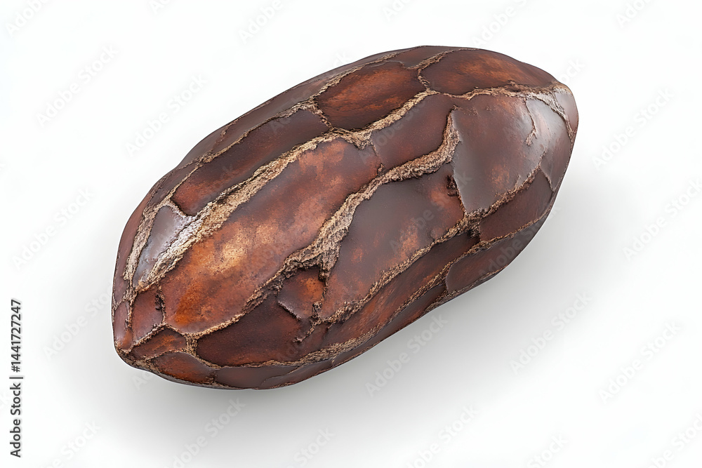Poster single dark brown cacao bean, isolated on white background. high-resolution 3d render of a cocoa bea