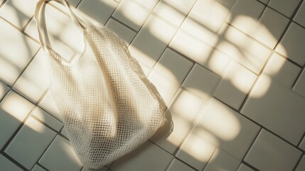 Cream-colored mesh tote bag on a tiled floor.