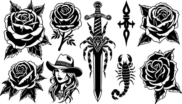 Gothic Tattoo Flash Set with Roses, Daggers, Scorpions and Femme Portraits