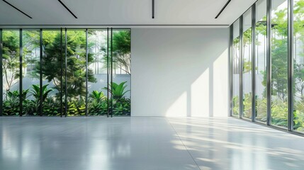 Spacious empty room with large floor-to-ceiling windows letting in natural light and views of lush green plants and trees outside, creating a calm and serene atmosphere