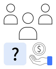 Three user icons, question mark in a light-blue square, hand icon holding a coin. Ideal for teamwork, decision-making, funding, problem-solving, support, collaboration simple landing page