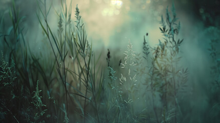 Fototapeta premium Lush green meadow under dreamy light, evoking serenity and natural beauty