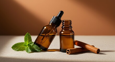 Aromatic essential oils in amber bottles with mint and cinnamon sticks