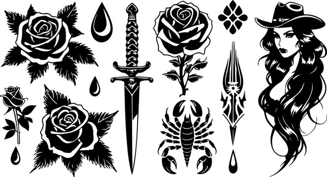 Gothic Tattoo Flash Set with Roses, Daggers, Scorpions and Femme Portraits
