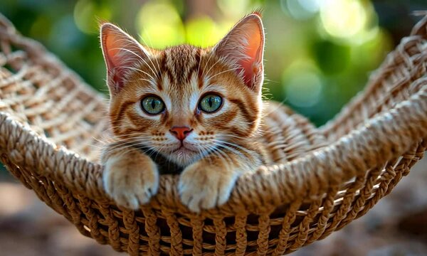 Playful ginger kitten relaxing in a woven hammock surrounded by lush greenery