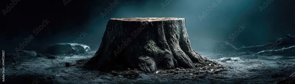Aufkleber tree stump symbolizing habitat loss due to illegal logging concept. mysterious tree stump illuminate