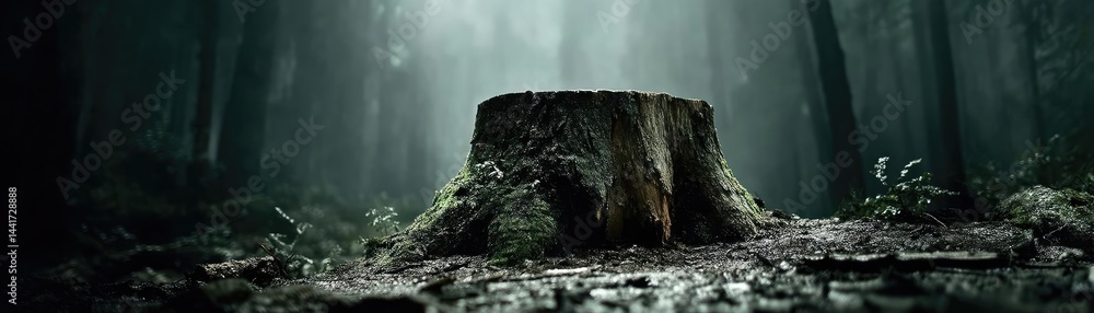 Poster tree stump symbolizing habitat loss due to illegal logging concept. a solitary tree stump stands in 