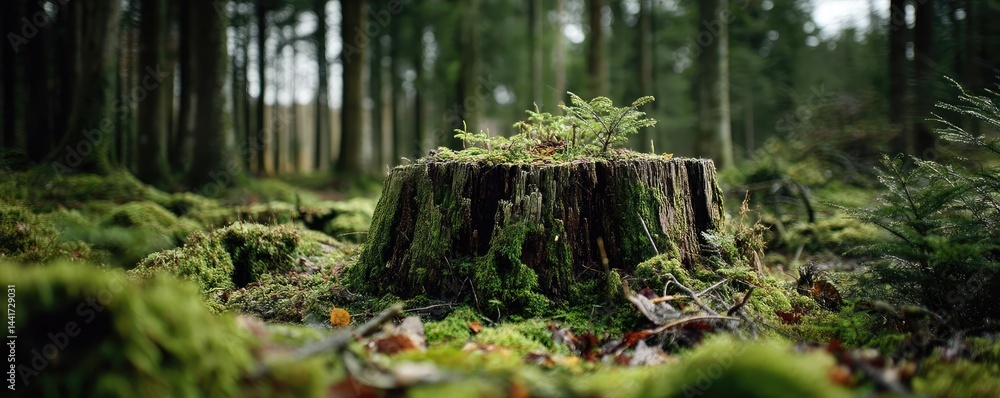 Poster tree stump symbolizing habitat loss due to illegal logging concept. a moss-covered tree stump surrou