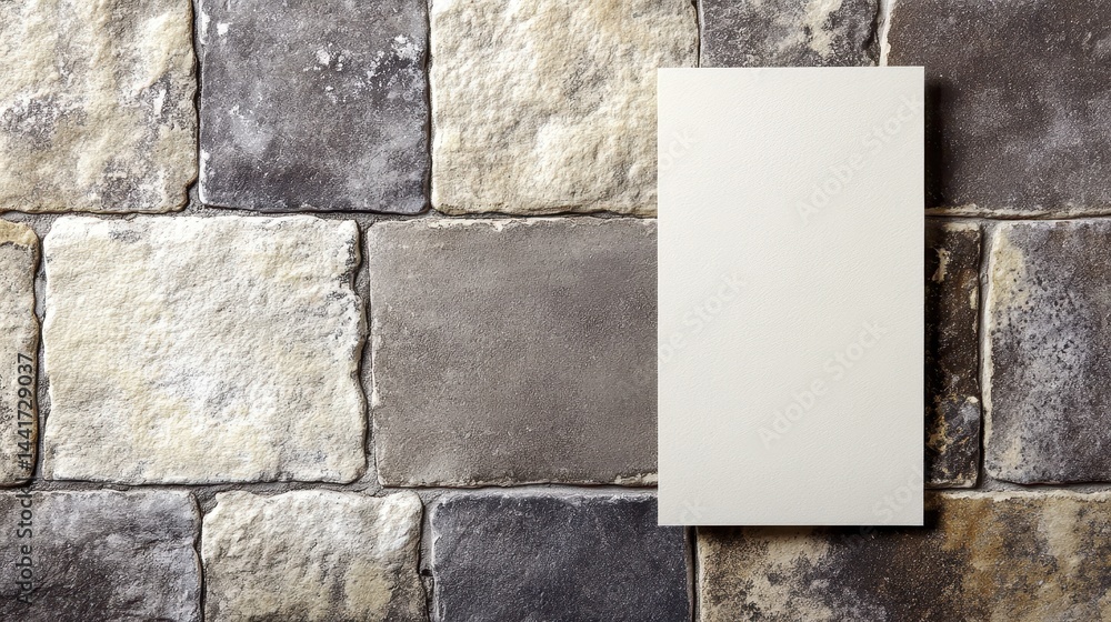 Poster blank rectangular sheet on a textured stone surface.