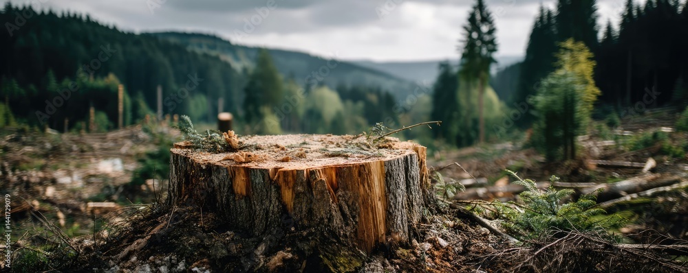 Poster tree stump symbolizing habitat loss due to illegal logging concept. a tree stump in a deforested are