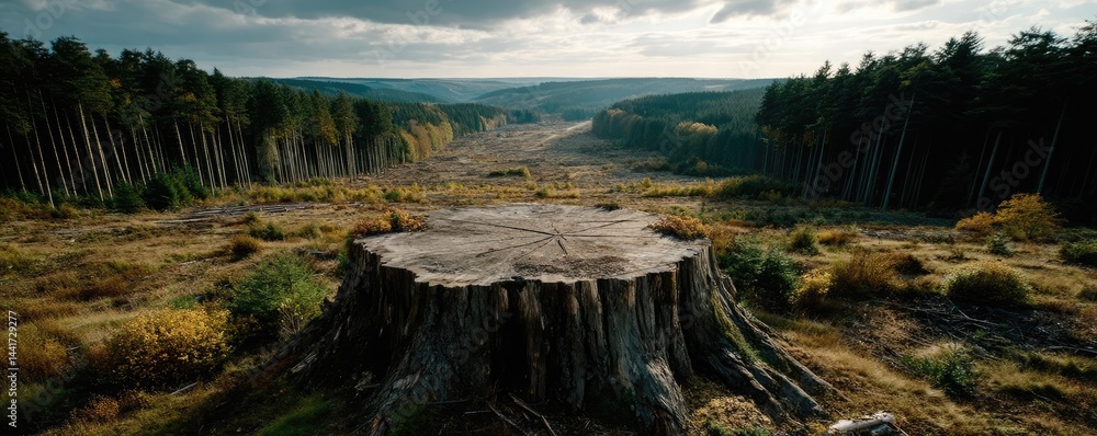 Poster tree stump symbolizing habitat loss due to illegal logging concept. a scenic view of a tree stump in