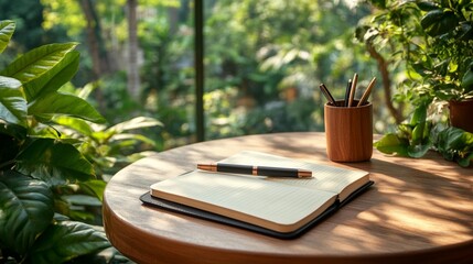 Peaceful outdoor setting with notebook and pen ready for writing and planning
