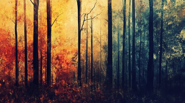 Serene autumn forest landscape with golden and teal trees art calm fall dark blue woods image light