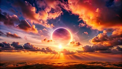 Annular Eclipse Sunset Panorama: Colorful Clouds, Celestial Ring of Fire