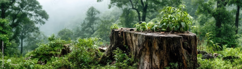 Poster tree stump symbolizing habitat loss due to illegal logging concept. lush forest scene featuring a tr