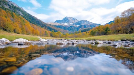 Autumnal mountain stream reflecting a serene sky.  A tranquil scene of fall foliage mirroring the peaks and clouds