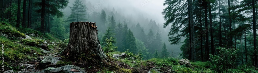 Poster tree stump symbolizing habitat loss due to illegal logging concept. a serene forest landscape with m