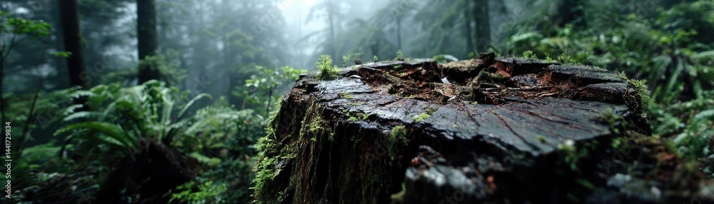 Poster tree stump symbolizing habitat loss due to illegal logging concept. mysterious forest scene with a c