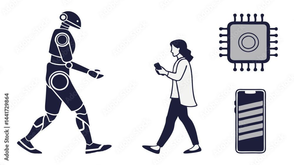 Poster set of modern tech silhouettes featuring ai and robotic figures in dynamic action, symbolizing techn