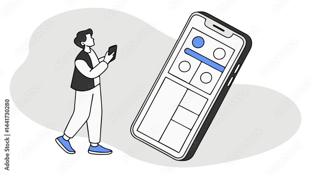 Poster vector illustration of a user interacting with a large screen smartphone, symbolizing digital lifest