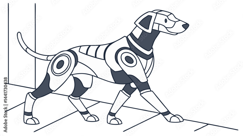 Poster vector illustration of a futuristic robotic dog in motion, designed with high-tech components and a 