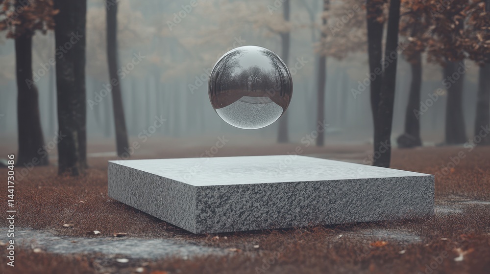 Poster floating sphere above a stone platform in a misty forest.