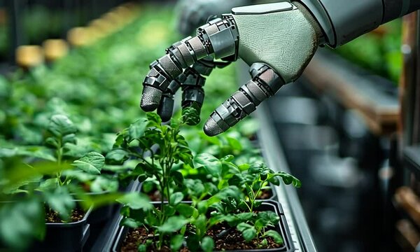 Robotic hand gently tending to young plants in a modern greenhouse, showcasing innovation in agriculture