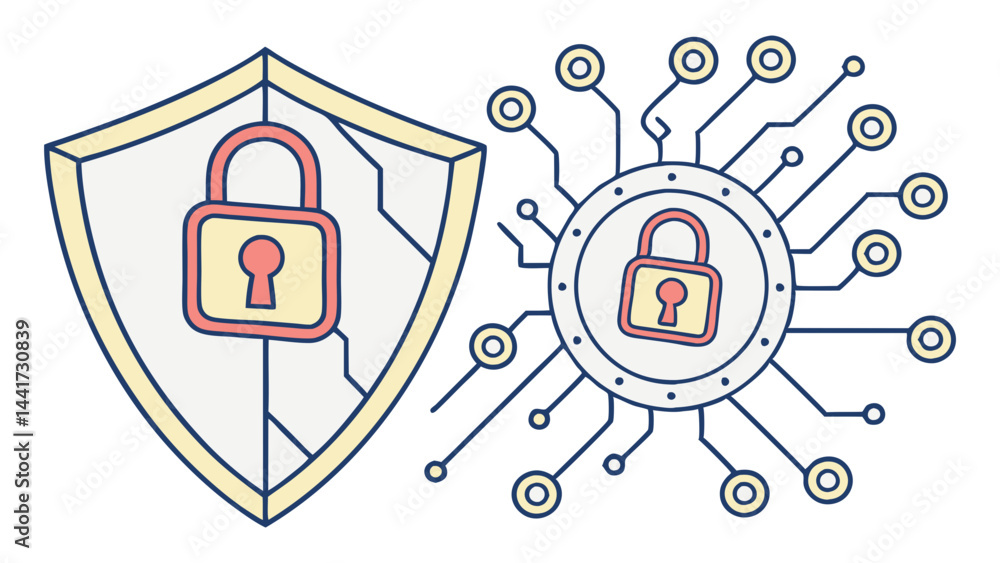 Poster illustration of a shield with a padlock and a circuit board with a padlock representing security