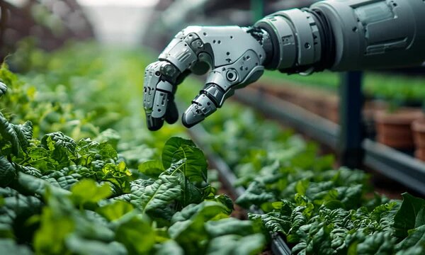 Robotic hand tending to vibrant green lettuce in a high-tech greenhouse with sunlight filtering through
